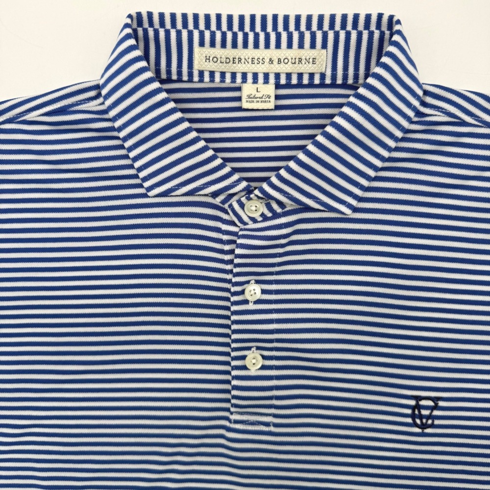 Holderness & Bourne Polo Mens L Blue White Striped Tailored Fit Performance Golf